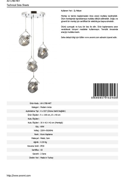 AV-60215-4KT Krom Kaplama Modern Avize E27 Metal Cam 40cm indirimleri