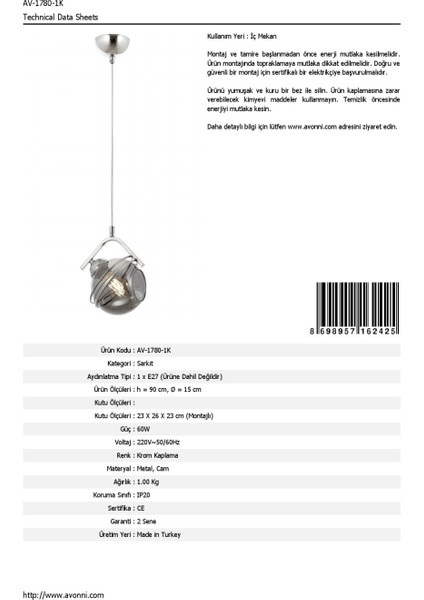 AV-60215-1K Krom Kaplama Modern Avize E27 Metal Cam 15cm