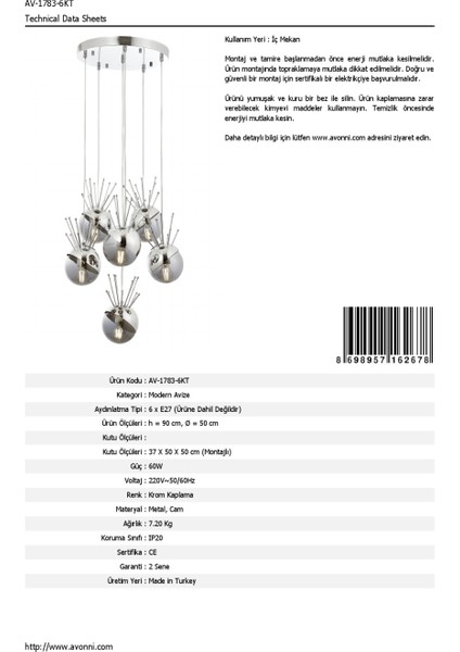 AV-60218-6KT Krom Kaplama Modern Avize E27 Metal Cam 50cm