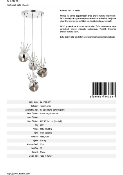 AV-60218-4KT Krom Kaplama Modern Avize E27 Metal Cam 40cm