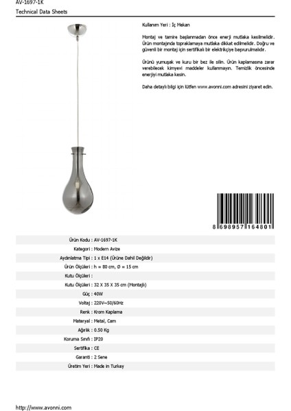 AV-60092-1K Krom Kaplama Modern Avize E14 Metal Cam 15cm