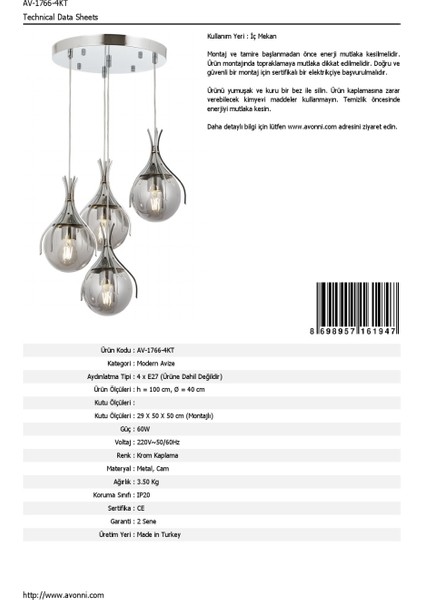 AV-60161-4KT Krom Kaplama Modern Avize E27 Metal Cam 40cm