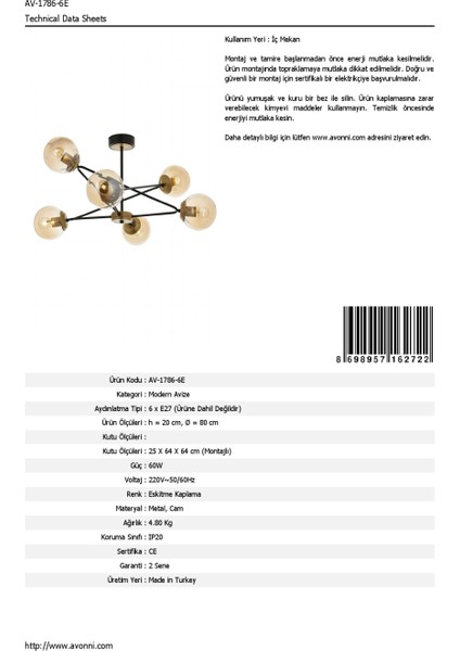 AV-60221-6E Eskitme Kaplama Modern Avize E27 Metal Cam 80cm
