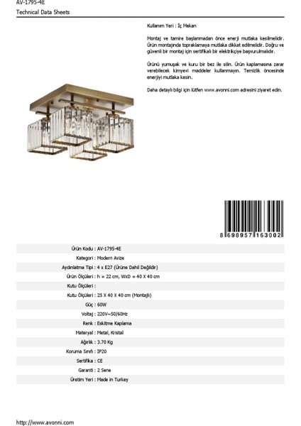 AVONNI AV-60230-4E Eskitme Kaplama Modern Avize E27 Metal Kristal 40x40cm