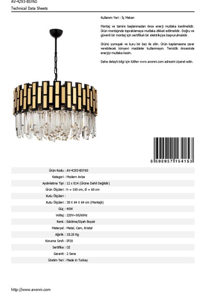 AV-60198-BSY60 Eskitme/Siyah Boyalı Modern Avize E14 Metal Cam Kristal 60cm