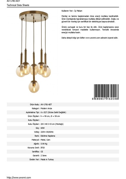 AV-60216-6ET Eskitme Kaplama Modern Avize E27 Metal Cam 50cm indirimleri