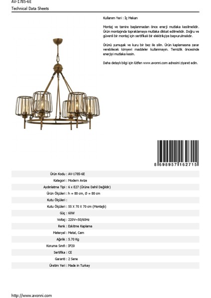 AV-60220-6E Eskitme Kaplama Modern Avize E27 Metal Cam 80cm