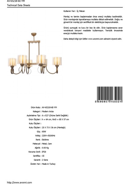 AV-65218-6E-YM Eskitme Kaplama Modern Avize E27 Metal Cam 85x57cm