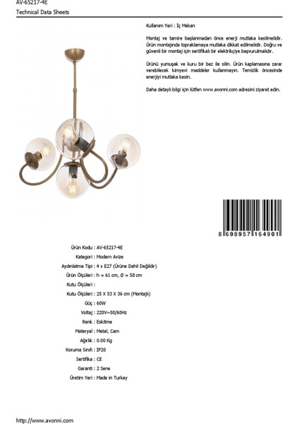 AV-65217-4E Eskitme Kaplama Modern Avize E27 Metal Cam 58cm