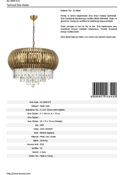 AV-60234-E75 Eskitme Kaplama Klasik Avize E27 Metal Cam Kristal 75cm indirimleri