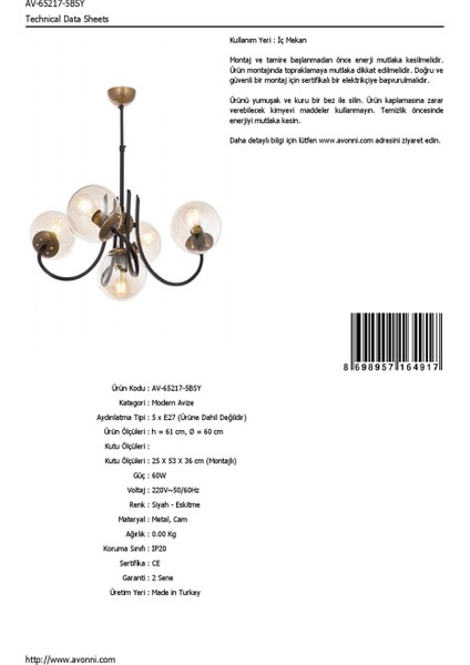 AV-65217-5BSY Eskitme/Siyah Boyalı Modern Avize E27 Metal Cam 60cm