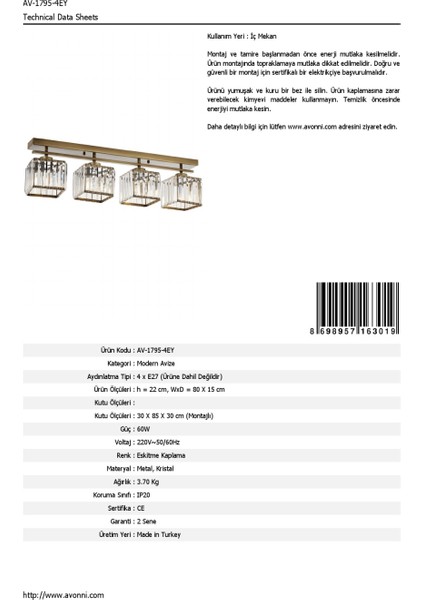 AV-60230-4EY Eskitme Kaplama Modern Avize E27 Metal Kristal 80x15cm