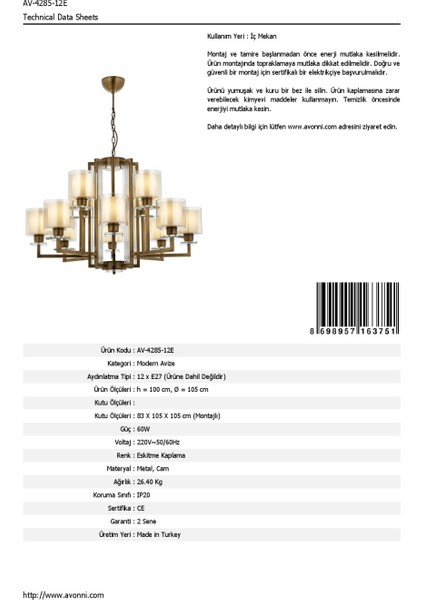 AV-60190-12E Eskitme Kaplama Modern Avize E27 Metal Cam 105cm