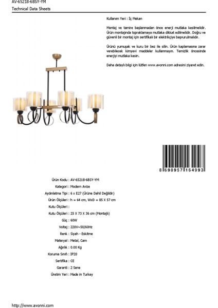 AV-65218-6BSY-YM Eskitme/Siyah Boyalı Modern Avize E27 Metal Cam 85x57cm fırsatları