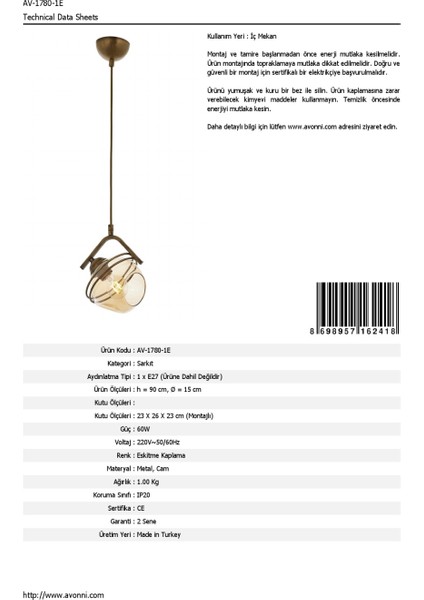 AV-60215-1E Eskitme Kaplama Modern Avize E27 Metal Cam 15cm indirimleri