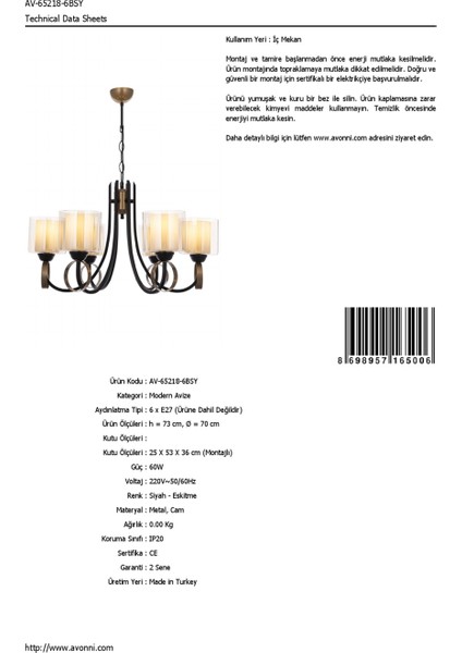 AV-65218-6BSY Eskitme/Siyah Boyalı Modern Avize E27 Metal Cam 70cm