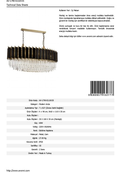 AV-60225-E110X35 Eskitme Kaplama Modern Avize E27 Metal Kristal 110x35cm