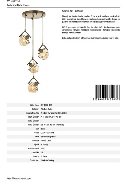AV-60215-4ET Eskitme Kaplama Modern Avize E27 Metal Cam 40cm