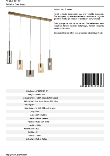 AV-60043-5EY-BF Eskitme Kaplama Modern Avize E14 Metal Cam Kristal 70x15cm