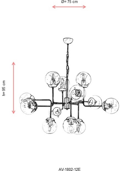 AV-60252-12E Eskitme Kaplama Modern Avize E27 Metal Cam 75cm