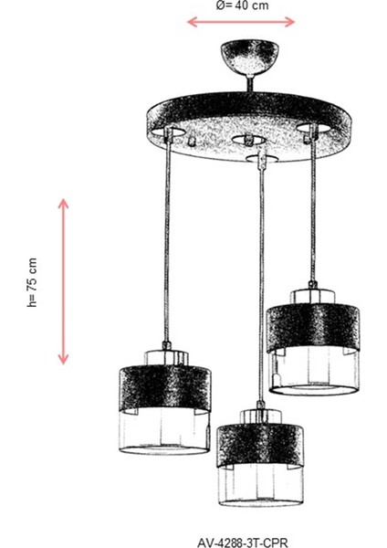 AV-60193-3T-CPR Bakır Patina Boyalı Modern Avize E27 Metal Cam 40cm