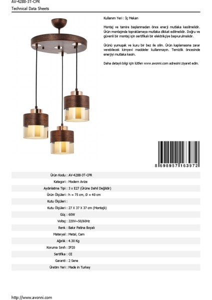 AV-60193-3T-CPR Bakır Patina Boyalı Modern Avize E27 Metal Cam 40cm