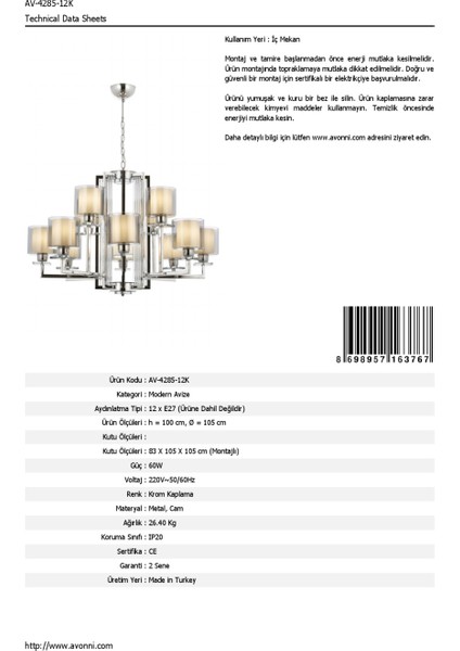 AV-60190-12K Krom Kaplama Modern Avize E27 Metal Cam 105cm