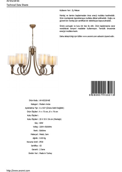 AV-65218-6E Eskitme Kaplama Modern Avize E27 Metal Cam 70cm