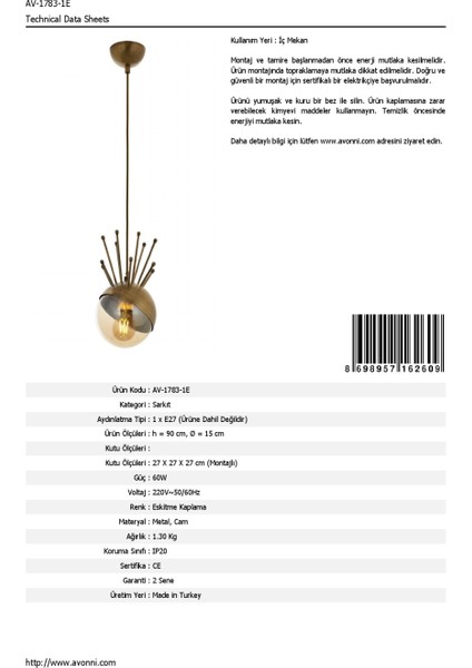 AV-60218-1E Eskitme Kaplama Modern Avize E27 Metal Cam 15cm