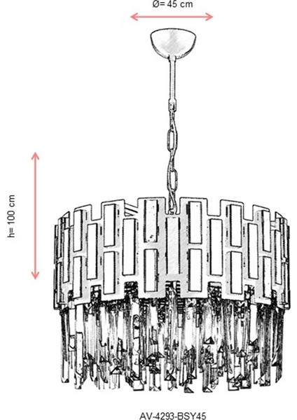 AV-60198-BSY45 Eskitme/Siyah Boyalı Modern Avize E14 Metal Cam Kristal 45cm