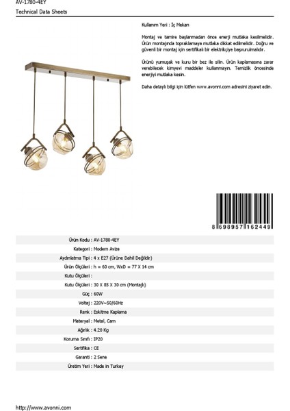 AV-60215-4EY Eskitme Kaplama Modern Avize E27 Metal Cam 77x14cm indirimleri