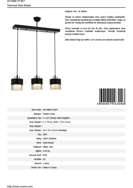 AV-60193-3Y-BSY Siyah Boyalı Modern Avize E27 Metal Cam 70x15cm