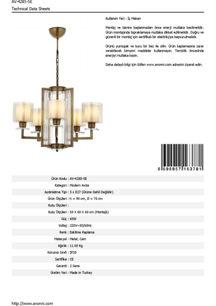 AV-60190-5E Eskitme Kaplama Modern Avize E27 Metal Cam 70cm