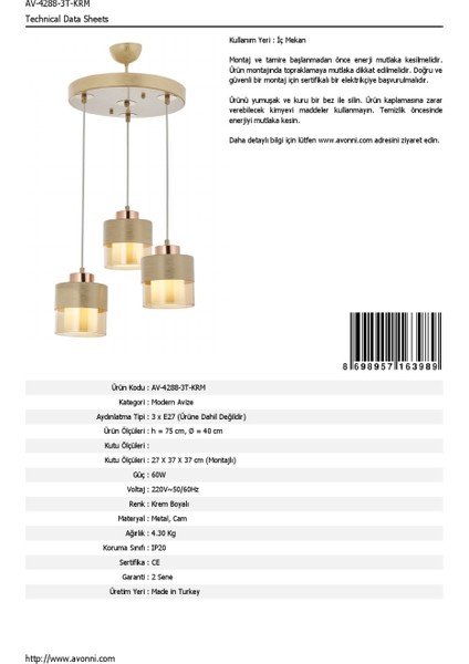 AV-60193-3T-KRM Krem Boyalı Modern Avize E27 Metal Cam 40cm