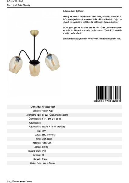 AV-65238-3BSY Siyah Boyalı Modern Avize E27 Metal Cam 60cm fırsatları
