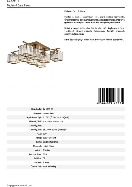 AV-60230-8E Eskitme Kaplama Modern Avize E27 Metal Kristal 80cm modelleri