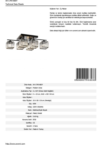 AV-60230-6BSY Siyah Boyalı Modern Avize E27 Metal Kristal 80x40cm modelleri