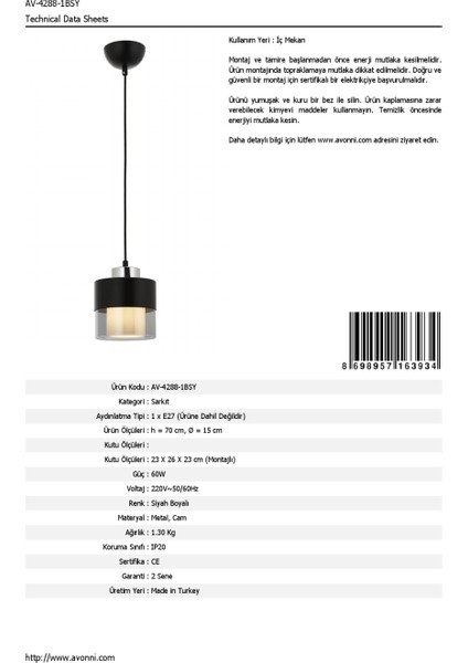 AV-60193-1BSY Siyah Boyalı Modern Avize E27 Metal Cam 15cm fırsatları