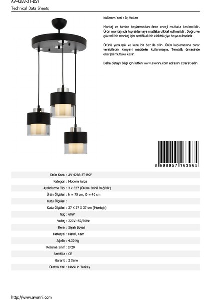 AV-60193-3T-BSY Siyah Boyalı Modern Avize E27 Metal Cam 40cm