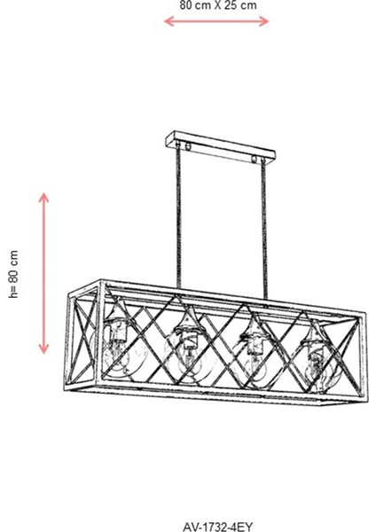 AV-60127-4EY Eskitme Kaplama Modern Avize E27 Metal Cam 80x25cm