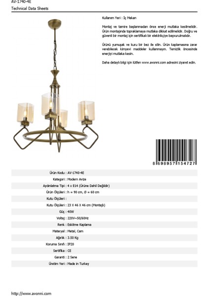 AV-60135-4E Eskitme Kaplama Modern Avize E14 Metal Cam 60cm