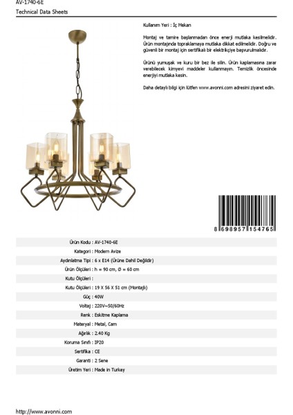 AVONNI AV-60135-6E Eskitme Kaplama Modern Avize E14 Metal Cam 60cm