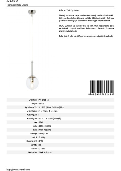 AV-60216-1K Krom Kaplama Modern Avize E27 Metal Cam 15cm fırsatları