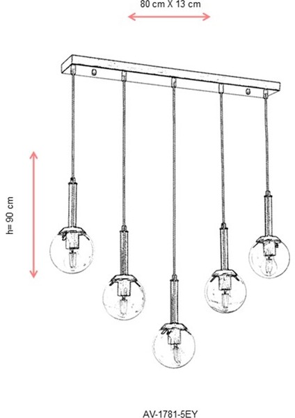 AV-60216-5EY Eskitme Kaplama Modern Avize E27 Metal Cam 80x13cm