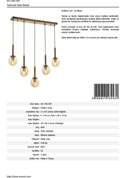 AV-60216-5EY Eskitme Kaplama Modern Avize E27 Metal Cam 80x13cm