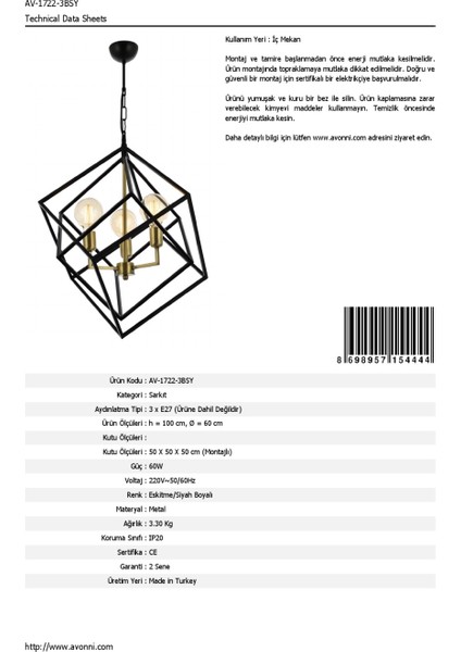AV-60117-3BSY Siyah Boyalı Modern Avize E27 Metal 60cm fırsatları