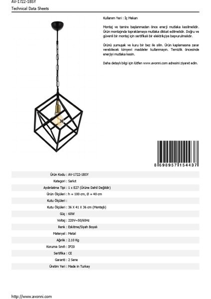 AV-60117-1BSY Siyah Boyalı Modern Avize E27 Metal 40cm fırsatları