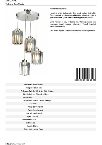 AV-65230-4KT Krom Kaplama Modern Avize E27 Metal Kristal 40cm fırsatları