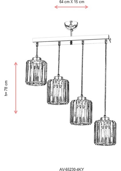 AV-65230-4KY Krom Kaplama Modern Avize E27 Metal Kristal 64x15cm