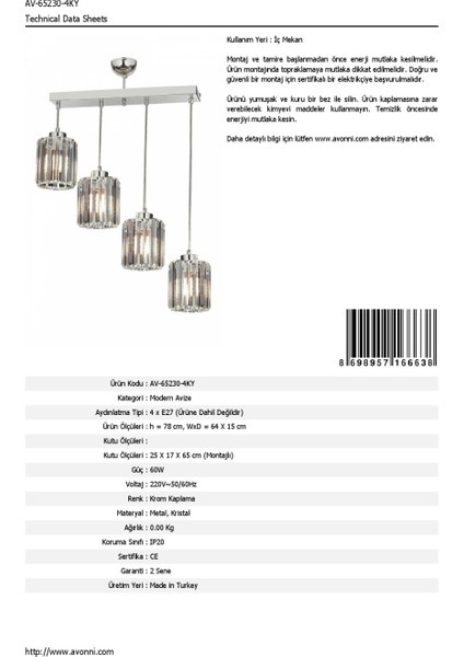 AV-65230-4KY Krom Kaplama Modern Avize E27 Metal Kristal 64x15cm